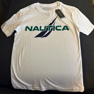 Kids size S(8) Nautica White Tee with Green and Blue Logo.